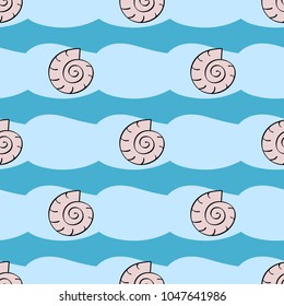 Abstract color seamless pattern. Hand drawn illustration of sea shells. Doodle style. Blue background. For templates,gift paper,prints,decorations and templates. Vector illustration.