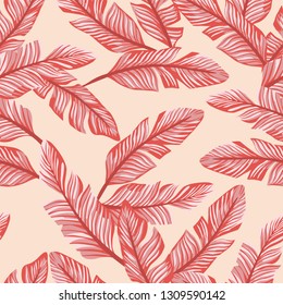 Abstract color seamless vector pattern composition living coral tropical banana leaves on the peach background