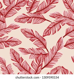 Abstract color seamless vector pattern composition red tropical banana leaves on the peach background