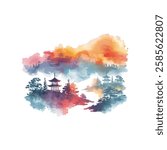 abstract color silhouette of japanese lanscape vector illustration in watercolor style