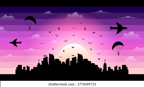 Abstract Color Sky Dark Background WIth City Airplane Birds Skydivers And Clouds Design Style Vector
