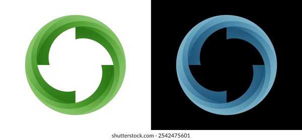 Cor abstrata espiral sobre fundos pretos e brancos. Logotipo ou ícone de padrão de espiral. Círculo com 4 partes em espiral como sinal verde de ecologia.