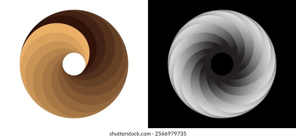 Abstract color spiral over black and white backgrounds. Swirl pattern logo or icon. Brown and gray colors circle.