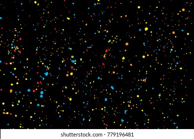 Abstract color splash illustration on black background. Colorful confetti on dark background. Calligraphy ink drop on paper random pattern background in color. 