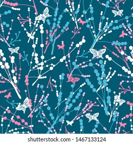 Abstract Color Splash Vector Butterflies ans Floral Illustration in Dark Teal Color Background Pattern