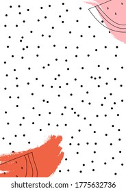 Abstract color  strokes  and doodle watermelon slice with bones. Hand drawn cards. Vector illustration bright summer banners. Perfect for stories, cards, posters.