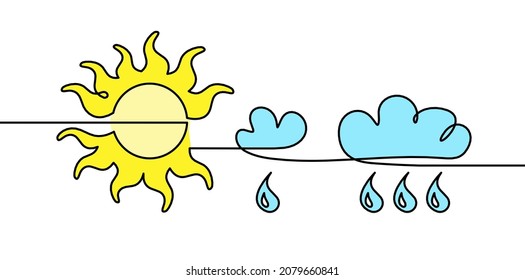 Abstract color sun with clouds as line drawing on white background. Vector