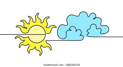 Abstrakte Farbsonne mit Wolken als Linienzeichnung auf weißem Hintergrund. Vektorgrafik