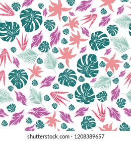 Abstract color tropical leaves monstera and flowers seamless pattern white background