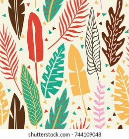 Abstract Color Tropical Leaves Seamless Beach Composition. Flat Cartoon Background