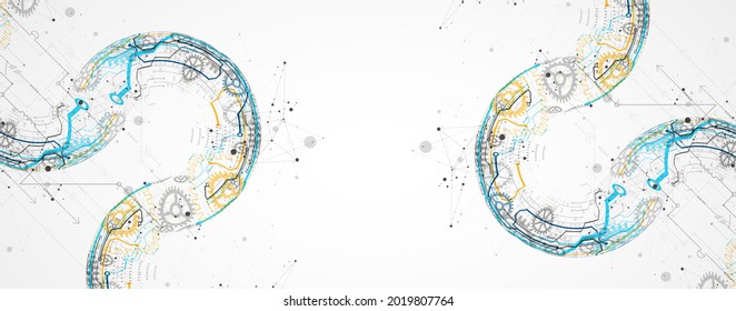 Abstract color vector background on a technological theme is created using many different technical elements. Global network concept.