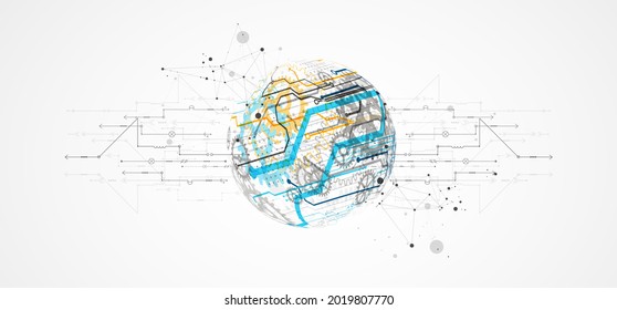 Abstract color vector background on a technological theme is created using many different technical elements. Global network concept.