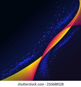 Abstract color vector background. Yellow and orange design  lines on dark blue background and  many lights.