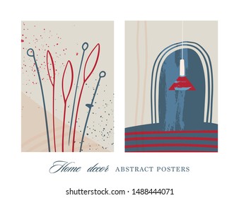 Abstract color vector illustration. Flat and Hand drawn brush ink textured art with lamp door and botanical floral elements.