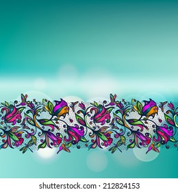 Abstract color vector lacy seamless pattern of elements flowers and butterflies on blurred background with bokeh elements.Seamless pattern rests on any surface, background separately for you design.