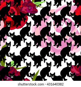 Abstract color vector pattern black cats, white background, free version pied-de-pool, floral, red roses, burgundy,  pink, gladiolus, green leaves, design fashion print, trendy stylish texture 