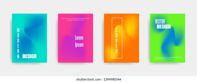 Abstract color web banner template set. Brochure with mesh gradient effect. Vibrant fluid, dynamic liquid background. Pink, orange splash, blur vector backdrop. Futuristic magazine covers pack