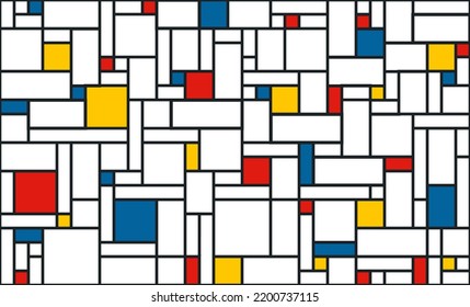 Resumen de patrones transparentes que bloquean el color. Inspiración en las obras de arte de Piet Mondrian. Línea negra y bloques azules rojos amarillos. Ilustración vectorial. Ideas para tejidos, cortinas, cojines, estampados, carteles, tapices, tapices, 