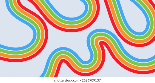 Abstract colored 70s background vector. Classic retro wallpaper with rainbow stripes and wavy lines. Colorful 1970s illustration suitable for posters, banners, decorative items and wall art.