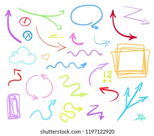 Abstract colored arrows and frameworks. Colorful infographic elements on isolated white. Set of different multicolored signs. Hand drawn simple objects. Right and left direction pointers