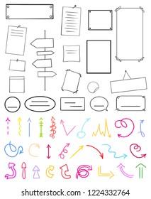 Abstract colored arrows. Infographic elements on isolated white. Set of different multicolored signs. Hand drawn simple objects. Right and left direction pointers