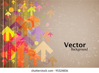 Abstract colored arrows, lines and circles background with grunge textured effect. AI EPS 10 vector file