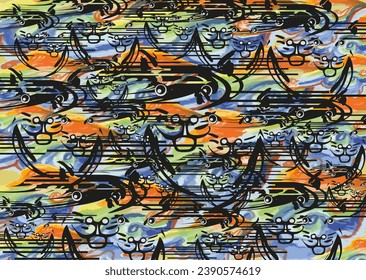 Abstract colored backdrop with cat elements for textiles or prints on T-shirts. Wavy background in orange-green-blue-black tonality for business concepts, covers, fabric, fashion trends, posters, etc.
