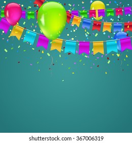 Abstract colored background with balloons, garlands of colored flags, streamers and confetti. Holiday greeting card for Christmas, new year, birthday or anniversary. Template for your inspiration