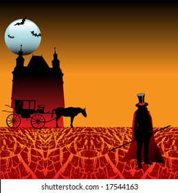 Abstract colored background with carriage dragged by a horse, castle shape, bats and a black silhouette wearing a hat with a red stripe