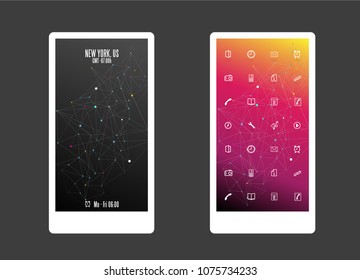 Abstract colored background with different shapes and app icons. Mobile phone background