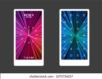 Abstract colored background with different shapes and app icons. Mobile phone background
