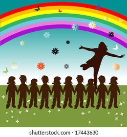 Abstract colored background with flowers, rainbow, butterflies and children holding their hands