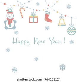 Abstract colored background with a garland on which hanging Christmas toys. It can be used as an invitation, poster, template, postcard, New Year, Christmas. Vector illustration.