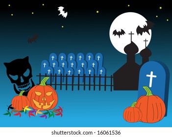 Abstract colored background with graveyard, bats and pumpkins for Halloween