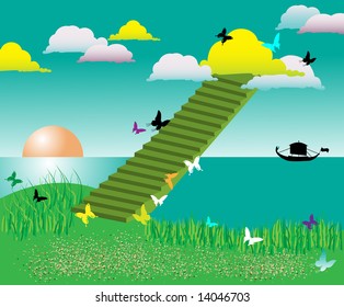 Abstract colored background with green stairways ascending into the sky among colored clouds