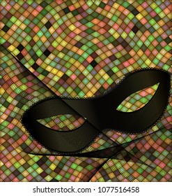 abstract colored background image consisting of lines, cubes with carnival black half mask and veil