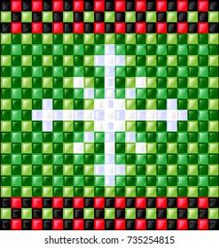 abstract colored background image of snowflake consisting of lines with green and red glossy blocks