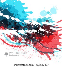 Abstract colored background with light blue and red splashes on white fond and title watercolor vector illustration