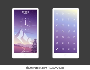 Abstract colored background with mountain and app icons. Mobile phone background