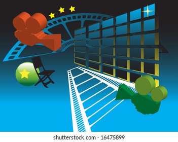 Abstract colored background with movie cameras, film strip, small yellow stars and chair shape for the director of the show