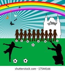 Abstract colored background with rainbow, butterflies, balls, school shape and children listening the indications of the sport teacher