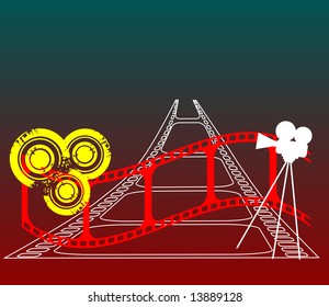 Abstract colored background with red film strip, white movie camera and yellow grunge circles