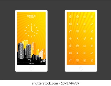 Abstract colored background with skyscrapers and app icons. Mobile phone background