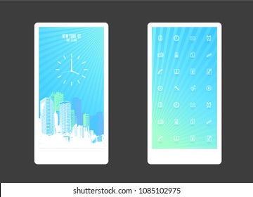Abstract colored background with skyscrapers and app icons. Mobile phone background