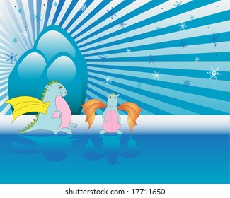 Abstract colored background with snowflakes, blue stones and two dragons standing on frozen water