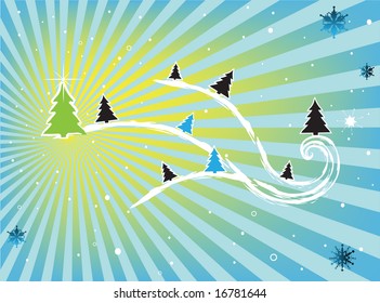Abstract colored background with snowflakes and colored firs for winter holidays