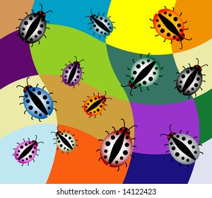 Abstract colored background with various ladybirds