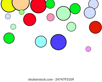 Abstract colored balls background. Multi-colored taw toy scattered on bright paper.  3d render of particles, droplets of paint. Round structure with copy space. 