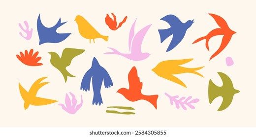Abstract colored birds. Simple bird silhouettes, minimalistic hand drawn folk decorative birdy elements and organic naive shapes for pattern sticker print design. Vector set