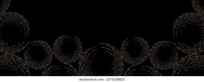 Abstract colored  black background of dots. Texture of random particles. Chaotic ornament, mosaic, circular pattern of small dots. Design banners, posters, websites, social media frameworks. Vector